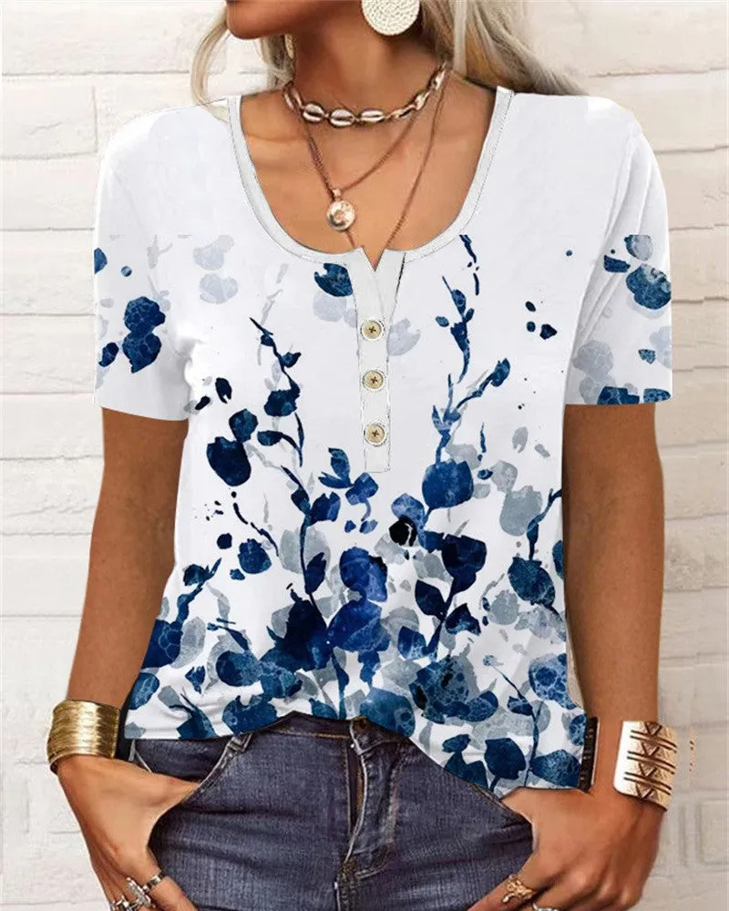 BerryBetty - Button short sleeve u-neck printed blouse