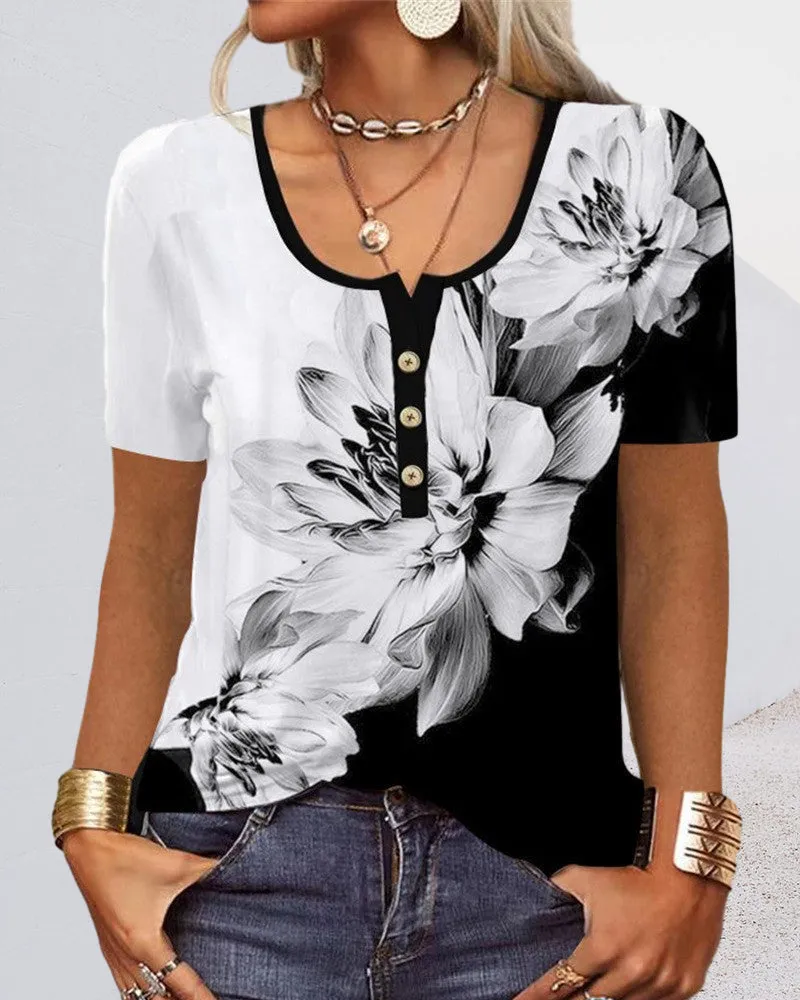 BerryBetty - Button short sleeve u-neck printed blouse