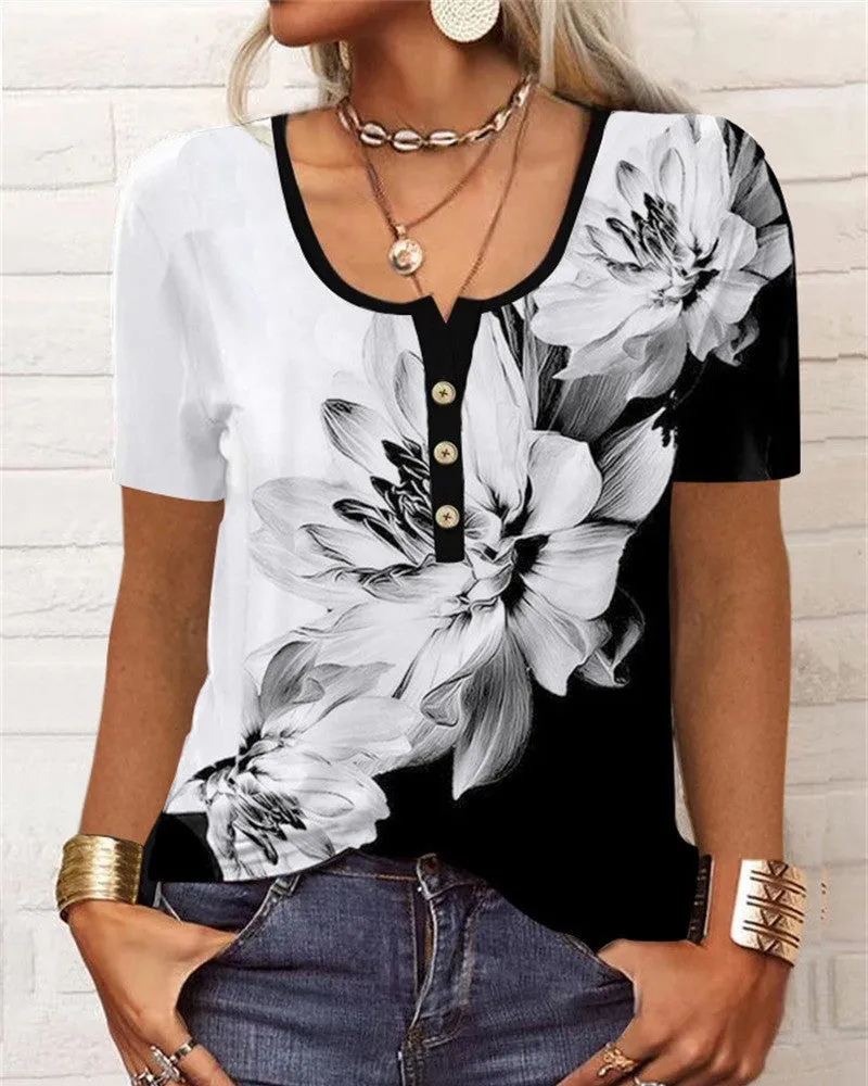 BerryBetty - Button short sleeve u-neck printed blouse