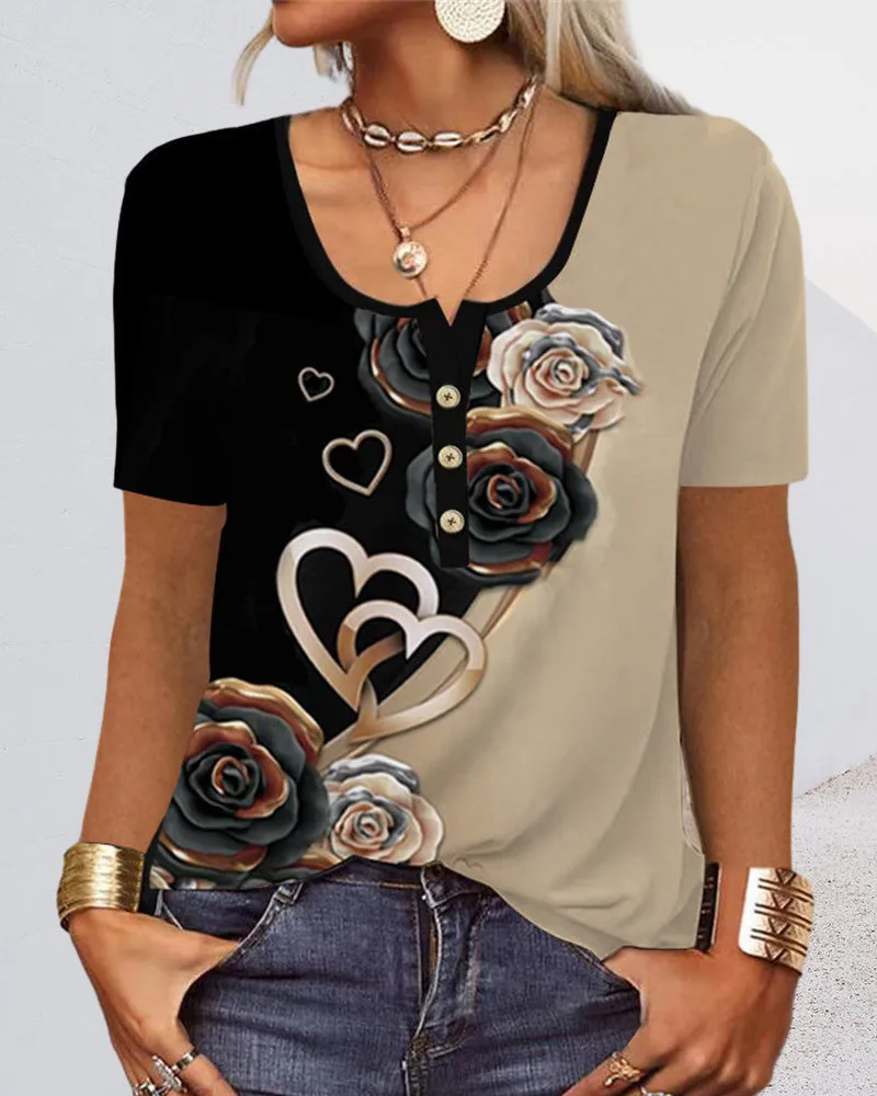 BerryBetty - Button short sleeve u-neck printed blouse