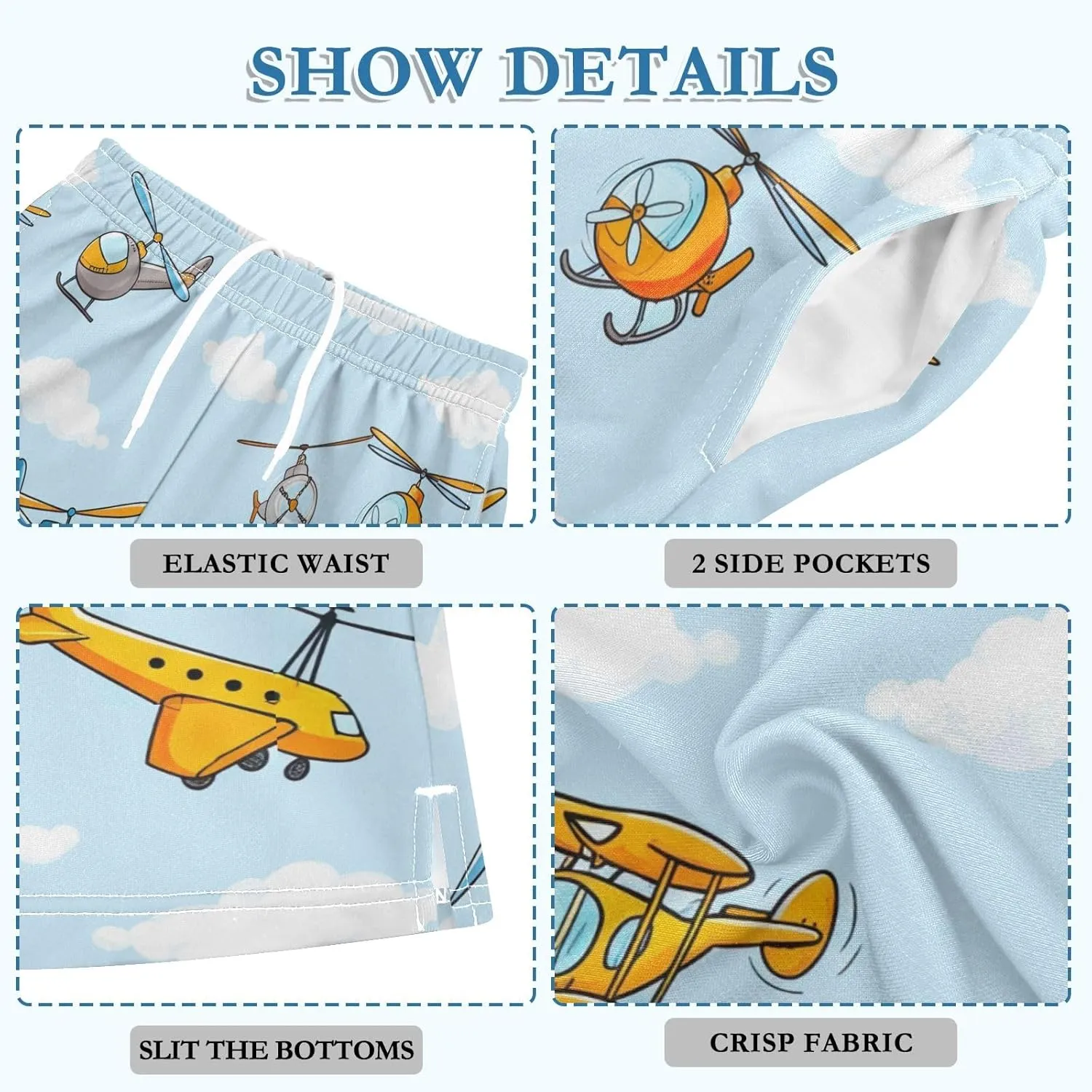 CHIFIGNO Boys Summer Casual Shorts Cute Airplanes Helicopters Light Blue Athletic Shorts with Pockets Kids Clothes 7-15Y
