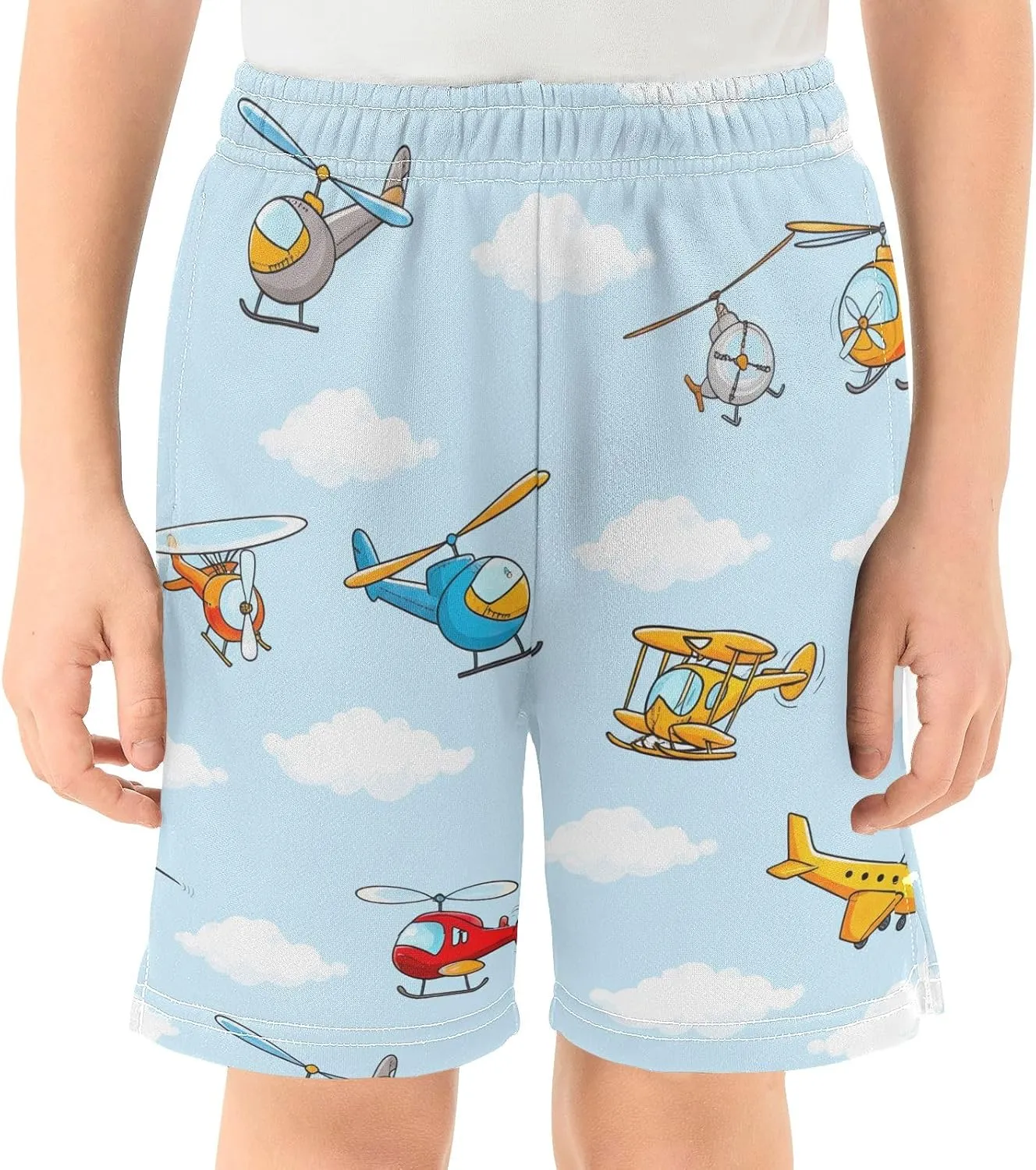 CHIFIGNO Boys Summer Casual Shorts Cute Airplanes Helicopters Light Blue Athletic Shorts with Pockets Kids Clothes 7-15Y