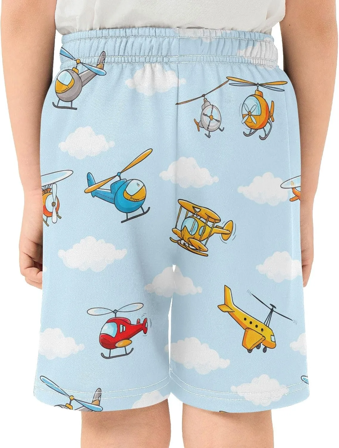 CHIFIGNO Boys Summer Casual Shorts Cute Airplanes Helicopters Light Blue Athletic Shorts with Pockets Kids Clothes 7-15Y
