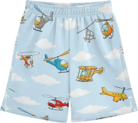 CHIFIGNO Boys Summer Casual Shorts Cute Airplanes Helicopters Light Blue Athletic Shorts with Pockets Kids Clothes 7-15Y