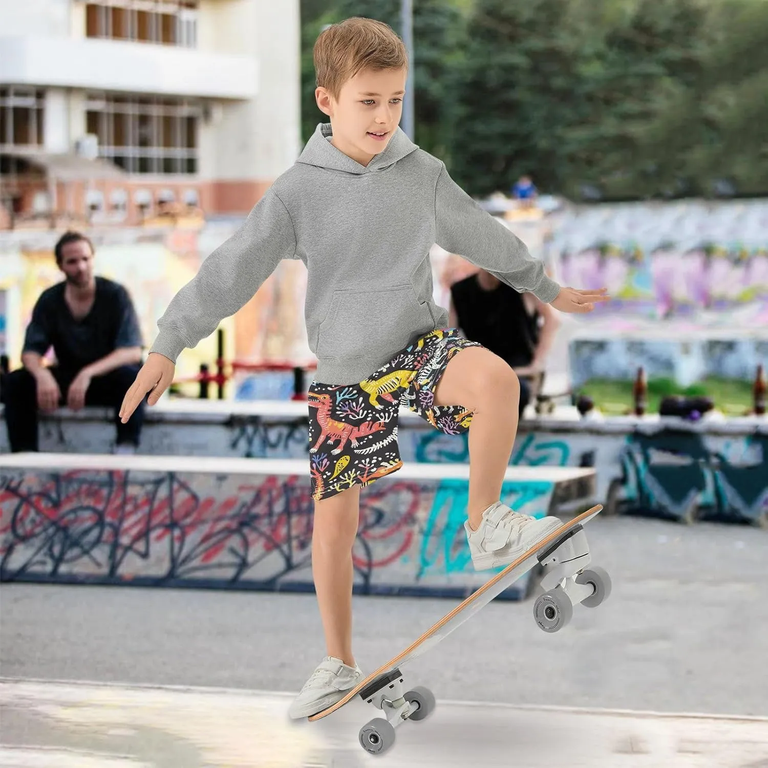 CHIFIGNO Colorful Dinosaur Skeletons Boys Casual Shorts with Pockets Elastic Waist Athletic Shorts Streetwear 7-15Y