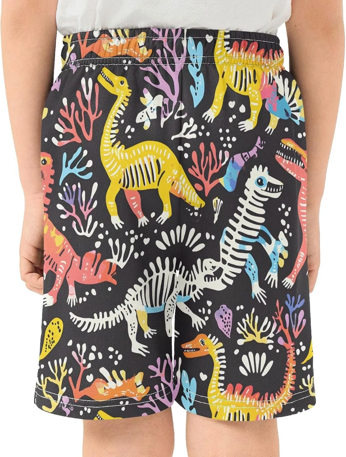 CHIFIGNO Colorful Dinosaur Skeletons Boys Casual Shorts with Pockets Elastic Waist Athletic Shorts Streetwear 7-15Y
