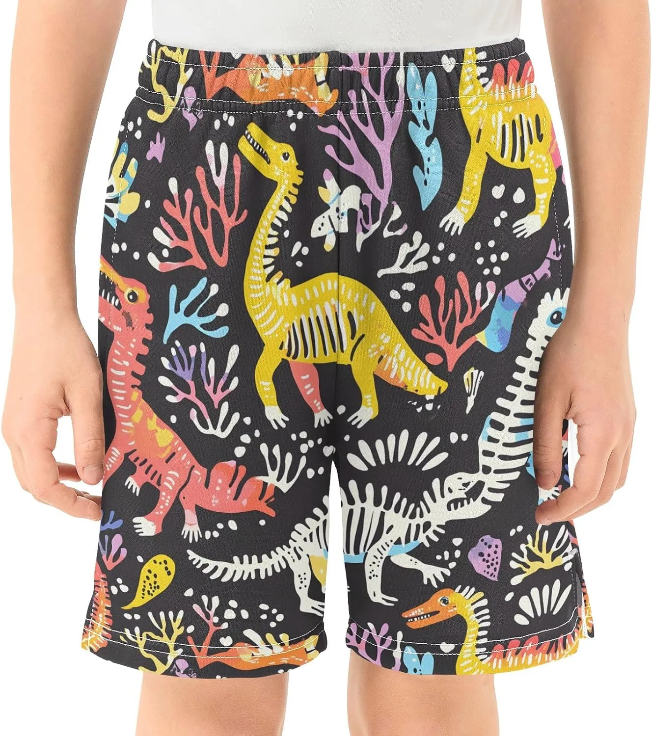CHIFIGNO Colorful Dinosaur Skeletons Boys Casual Shorts with Pockets Elastic Waist Athletic Shorts Streetwear 7-15Y