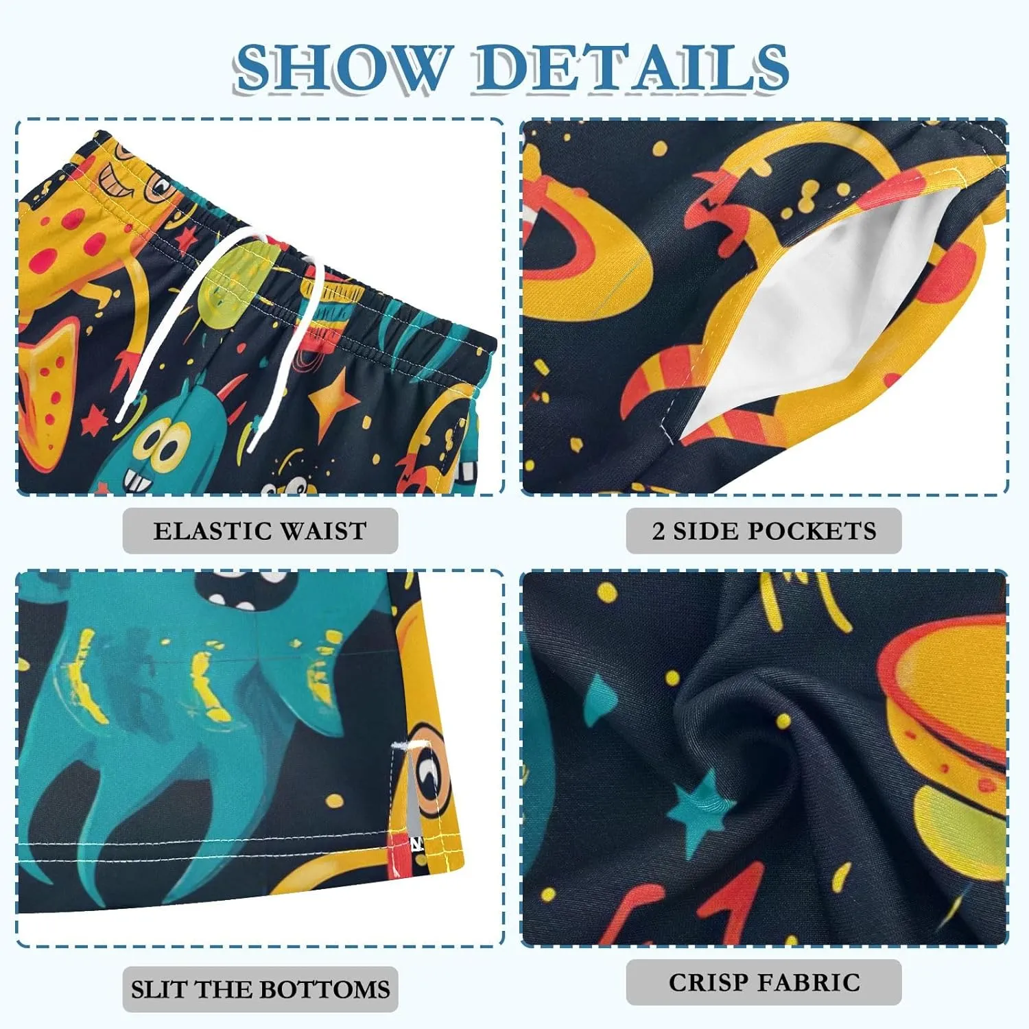 CHIFIGNO Cute Cartoon Monsters Summer Casual Shorts for Boys Elastic Waist Athletic Gym Shorts with Pockets Streetwear 7-15Y