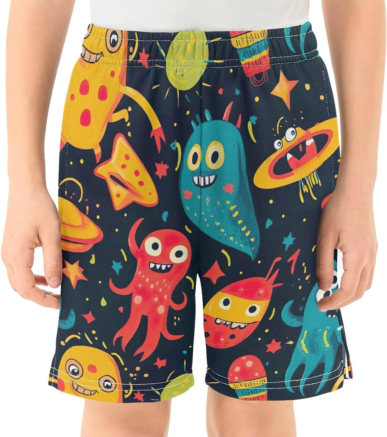 CHIFIGNO Cute Cartoon Monsters Summer Casual Shorts for Boys Elastic Waist Athletic Gym Shorts with Pockets Streetwear 7-15Y