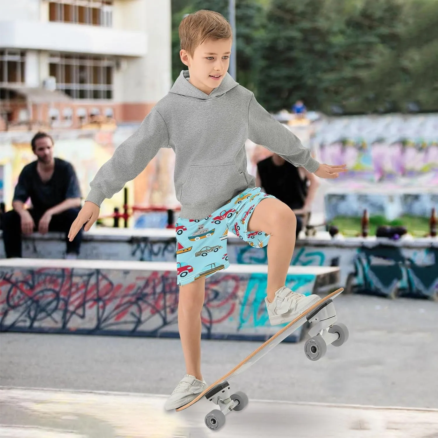 CHIFIGNO Cute Transportation Vehicles Blue Shorts with Pockets for Boys Elastic Waist Athletic Gym Shorts Kids Clothes 7-15Y