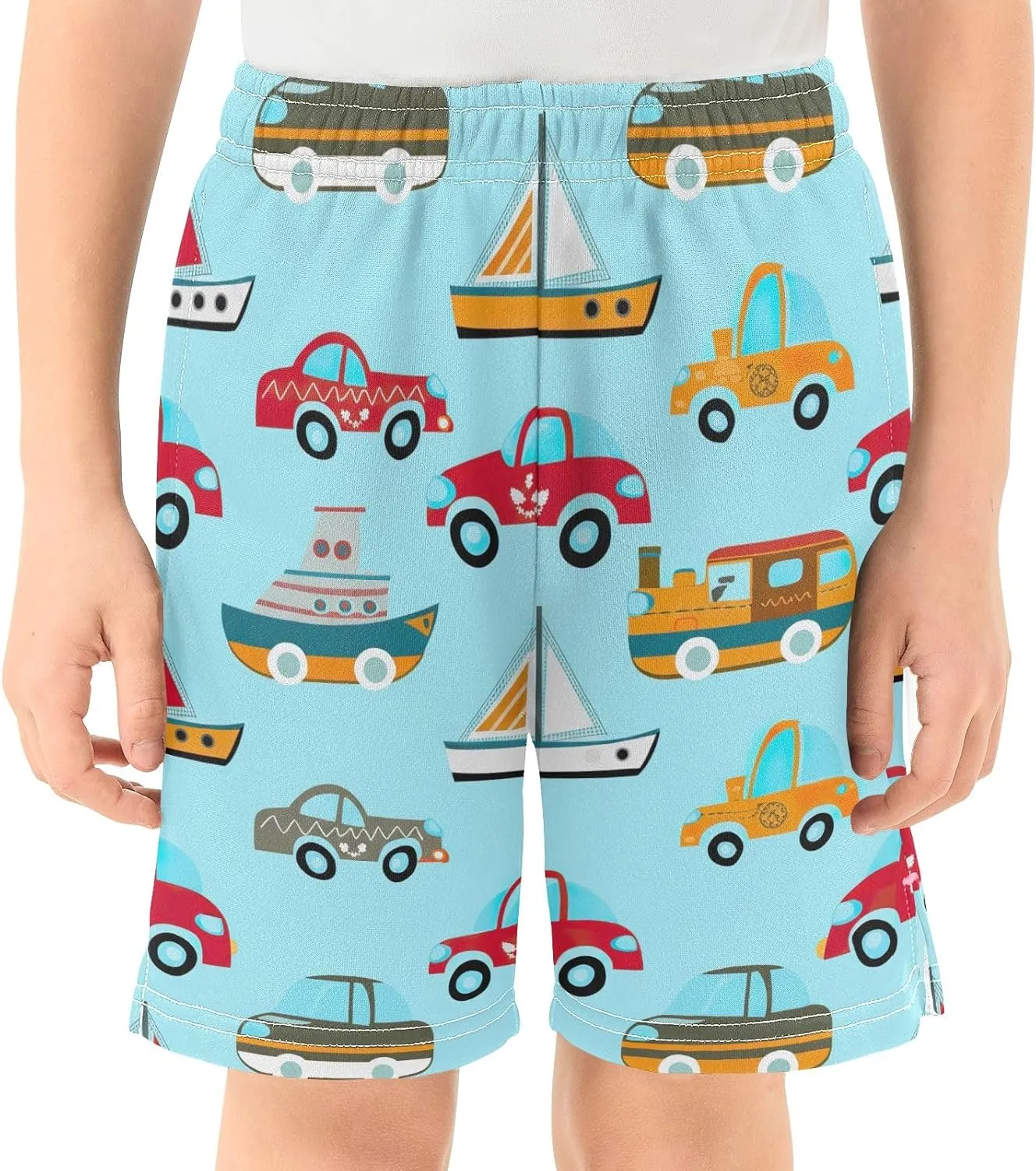 CHIFIGNO Cute Transportation Vehicles Blue Shorts with Pockets for Boys Elastic Waist Athletic Gym Shorts Kids Clothes 7-15Y