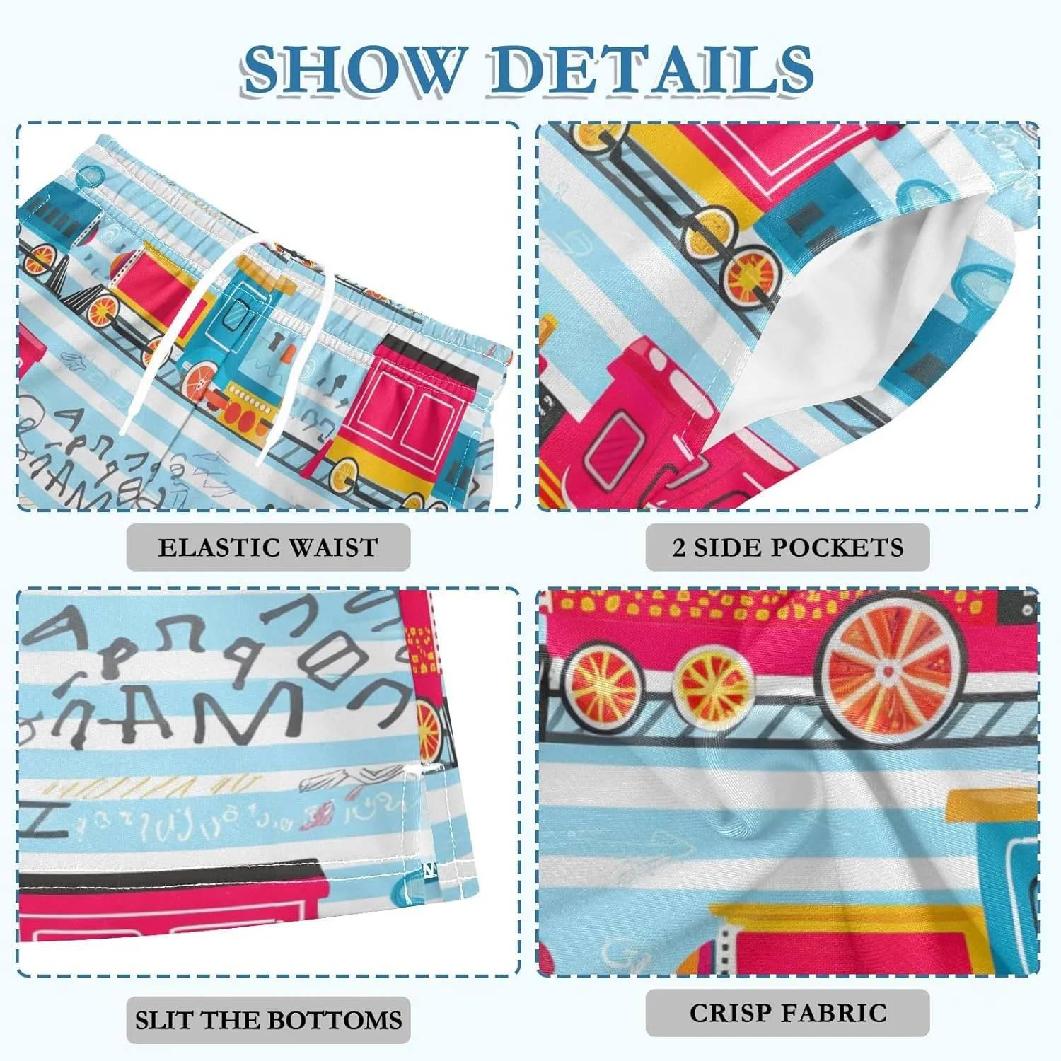 Colorful Cartoon Trains Blue Boys' Summer Casual Shorts with Pockets Pull on Athletic Lounge Shorts Kids Clothes 7-15Y