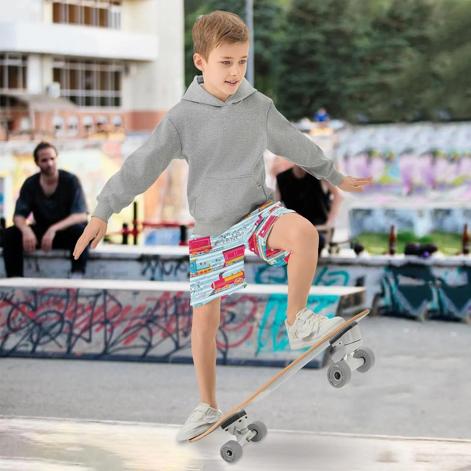 Colorful Cartoon Trains Blue Boys' Summer Casual Shorts with Pockets Pull on Athletic Lounge Shorts Kids Clothes 7-15Y
