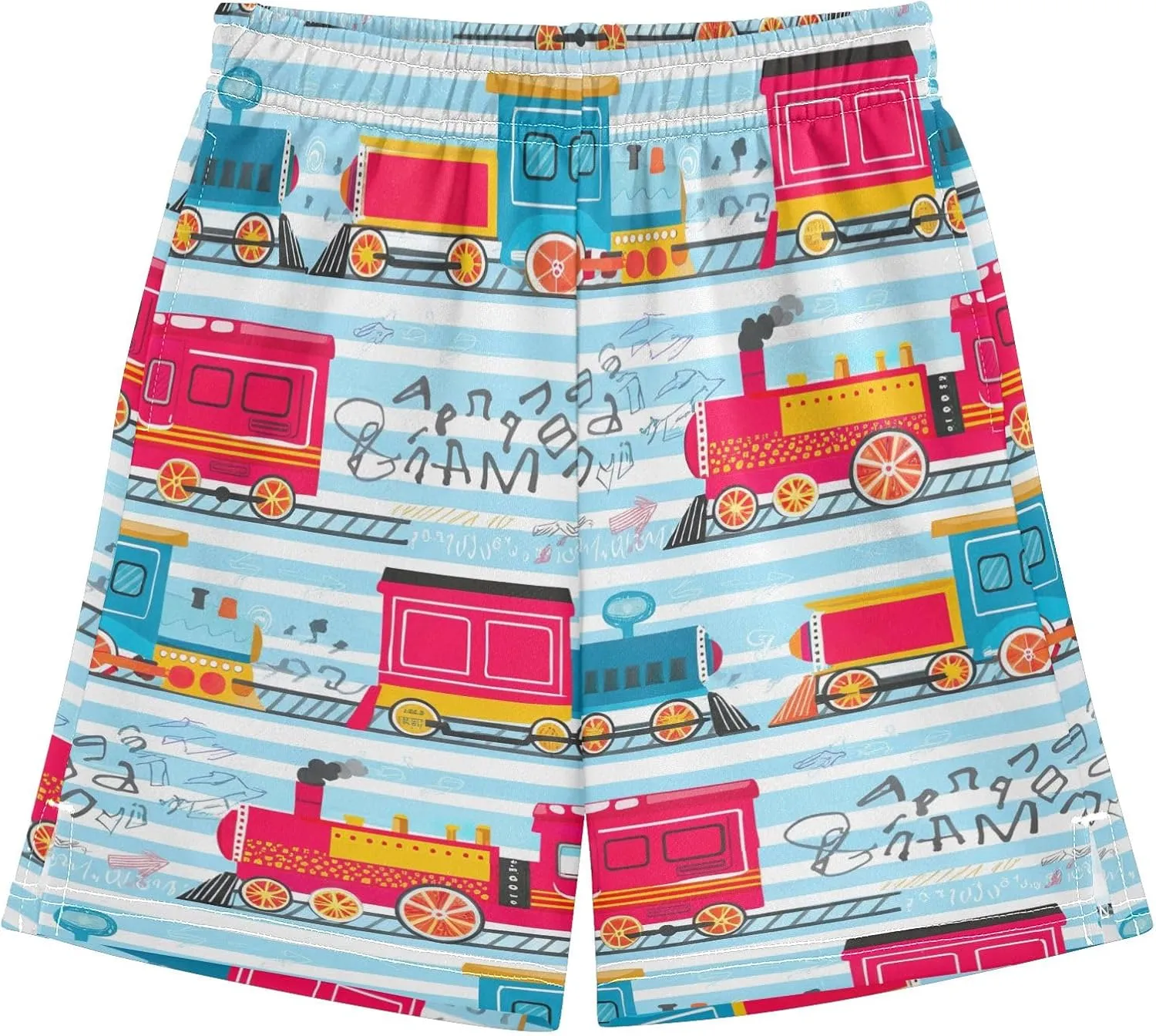 Colorful Cartoon Trains Blue Boys' Summer Casual Shorts with Pockets Pull on Athletic Lounge Shorts Kids Clothes 7-15Y