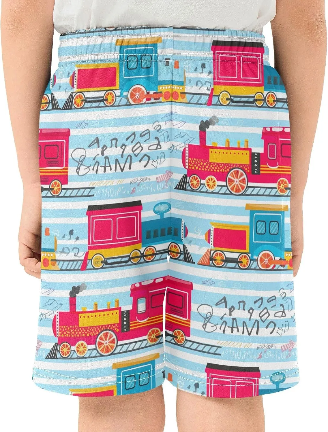 Colorful Cartoon Trains Blue Boys' Summer Casual Shorts with Pockets Pull on Athletic Lounge Shorts Kids Clothes 7-15Y