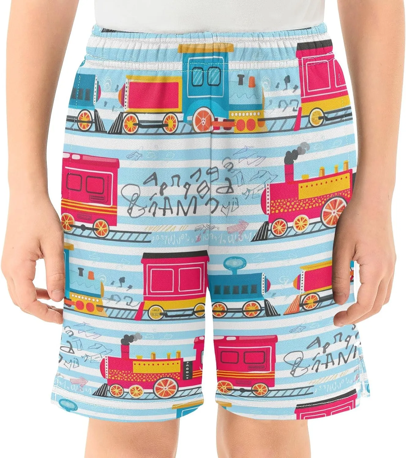 Colorful Cartoon Trains Blue Boys' Summer Casual Shorts with Pockets Pull on Athletic Lounge Shorts Kids Clothes 7-15Y