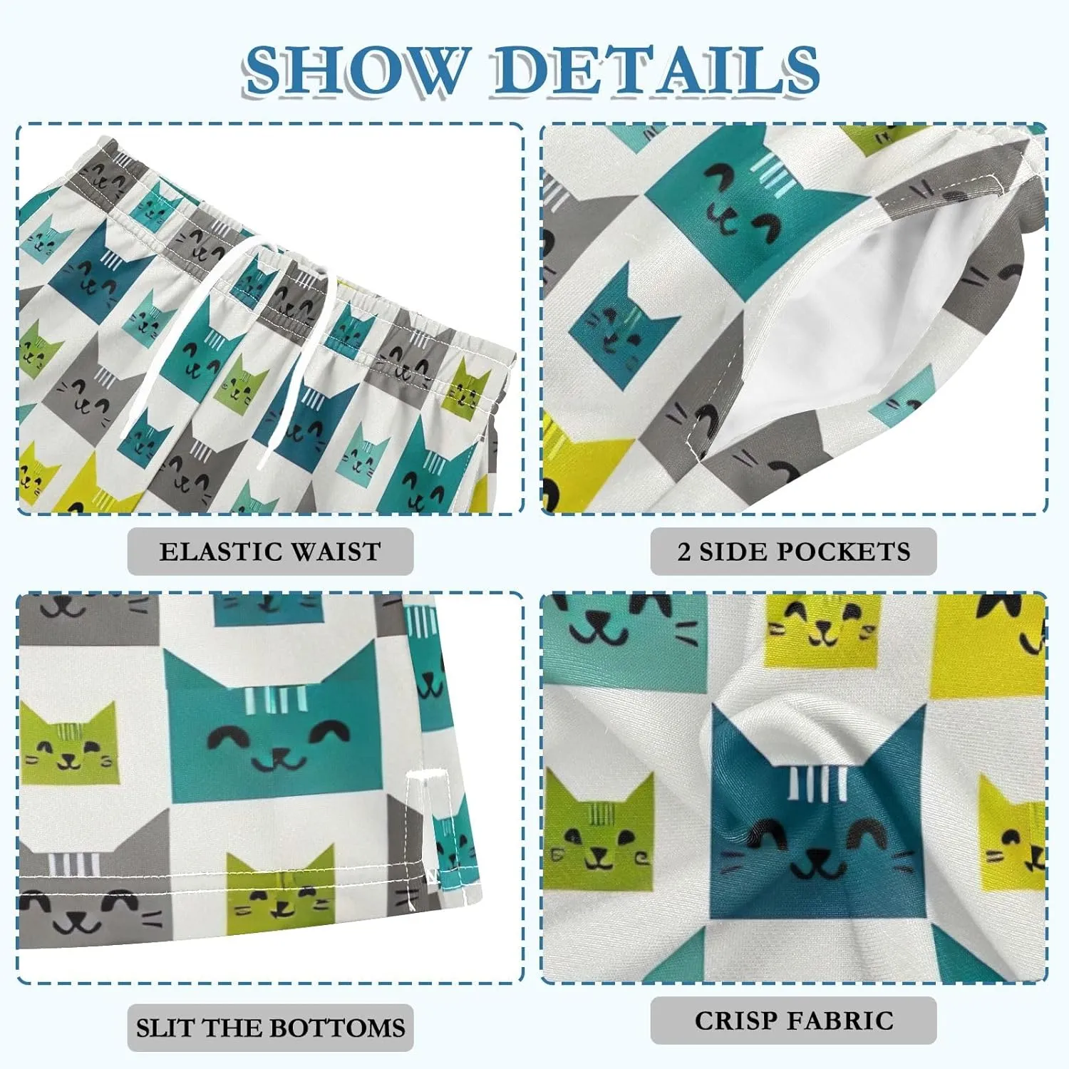 Colorful Cute Cat Faces White Shorts for Boys Elastic Waist Athletic Shorts with Pockets Homewear 7-15Y