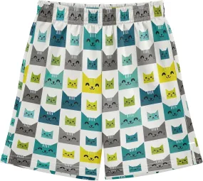 Colorful Cute Cat Faces White Shorts for Boys Elastic Waist Athletic Shorts with Pockets Homewear 7-15Y