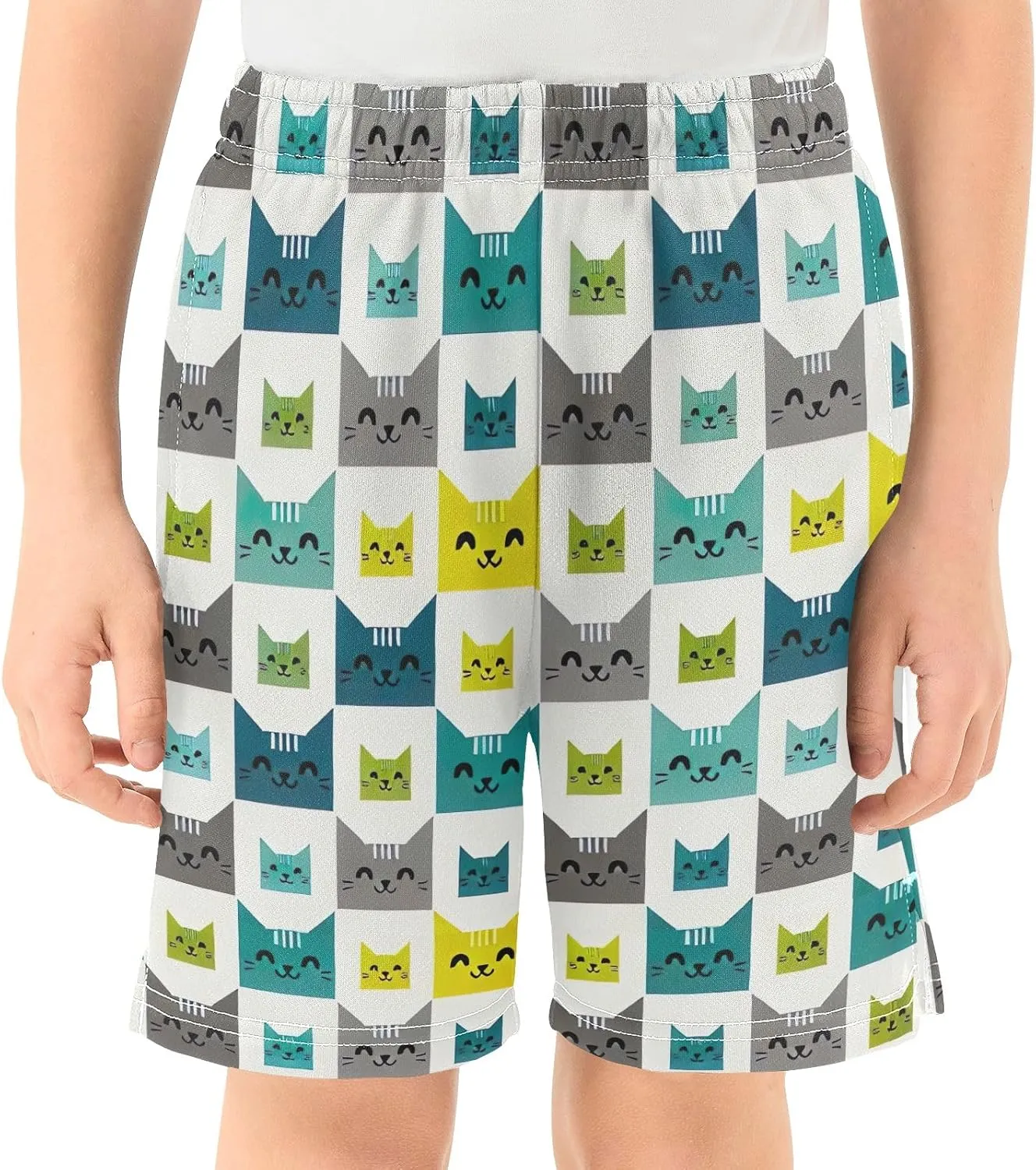 Colorful Cute Cat Faces White Shorts for Boys Elastic Waist Athletic Shorts with Pockets Homewear 7-15Y