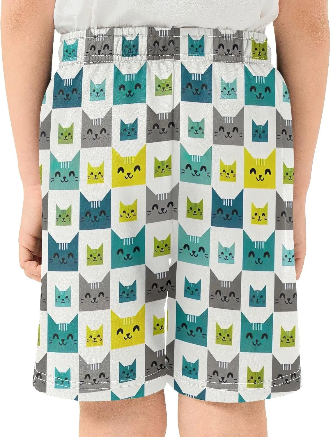 Colorful Cute Cat Faces White Shorts for Boys Elastic Waist Athletic Shorts with Pockets Homewear 7-15Y