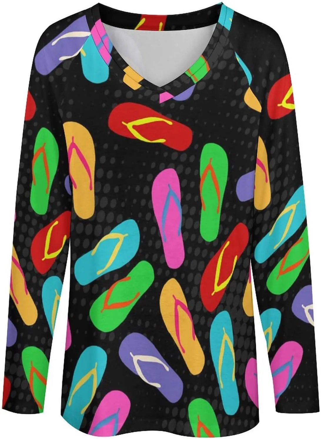 Colorful Flip Flops Pattern Womens T Shirts Print V Neck Casual Blouses Long Sleeve Tee Shirts Tops