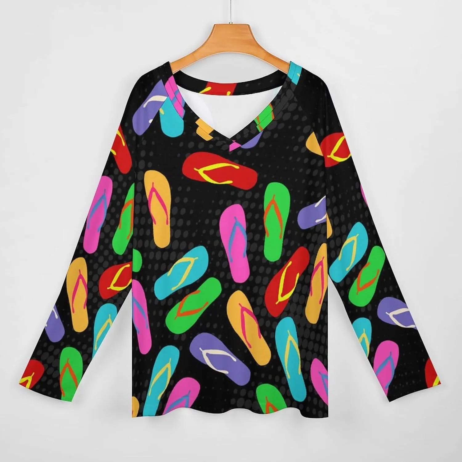 Colorful Flip Flops Pattern Womens T Shirts Print V Neck Casual Blouses Long Sleeve Tee Shirts Tops