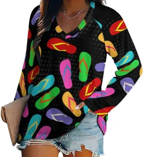 Colorful Flip Flops Pattern Womens T Shirts Print V Neck Casual Blouses Long Sleeve Tee Shirts Tops
