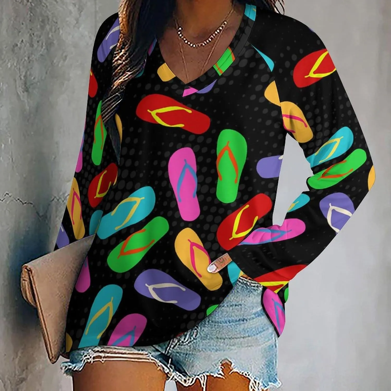 Colorful Flip Flops Pattern Womens T Shirts Print V Neck Casual Blouses Long Sleeve Tee Shirts Tops