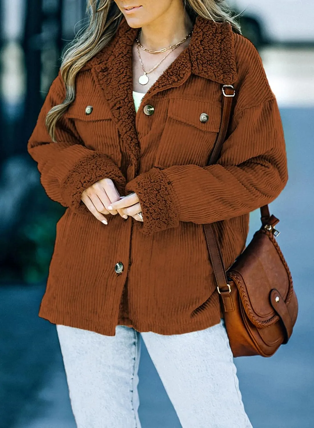 Dokotoo Corduroy Sherpa Jacket for Women Button Down Fleece Fur Collar Winter Warm Coat
