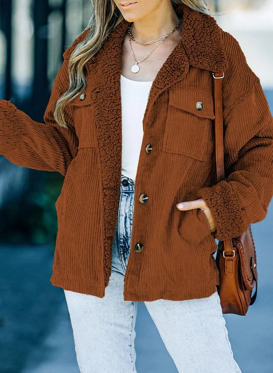 Dokotoo Corduroy Sherpa Jacket for Women Button Down Fleece Fur Collar Winter Warm Coat