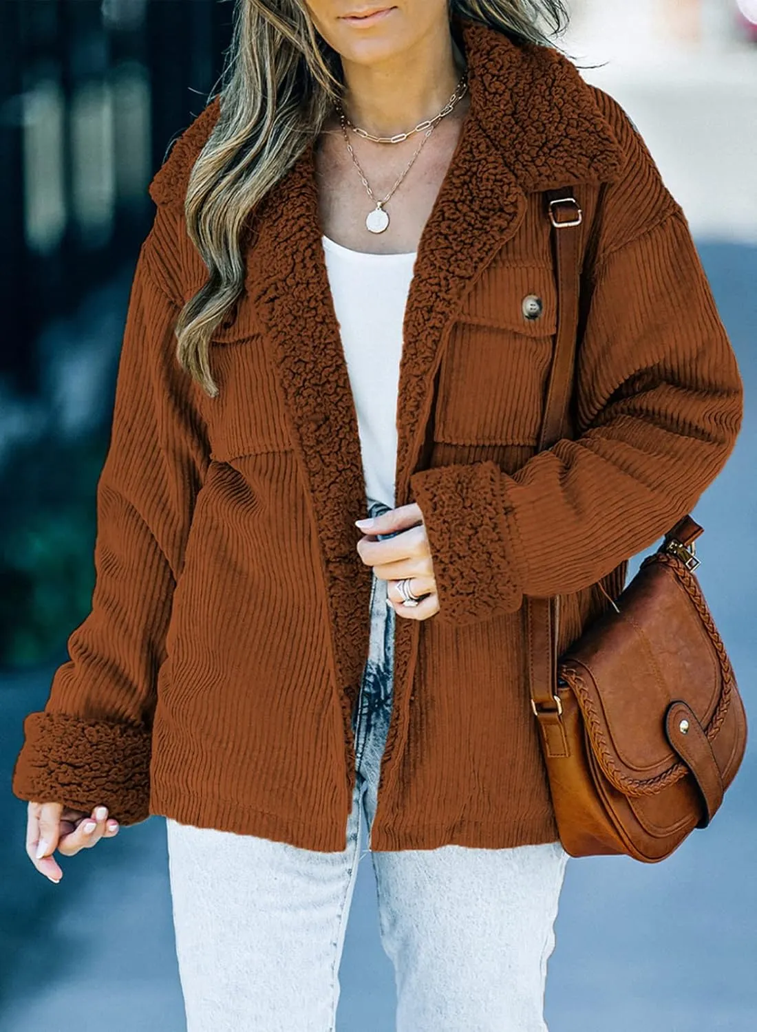 Dokotoo Corduroy Sherpa Jacket for Women Button Down Fleece Fur Collar Winter Warm Coat