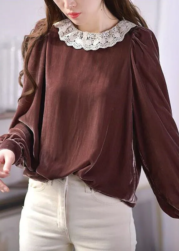 Elegant Brown O-Neck Lace Patchwork Silk Velour Blouses Spring LY2604