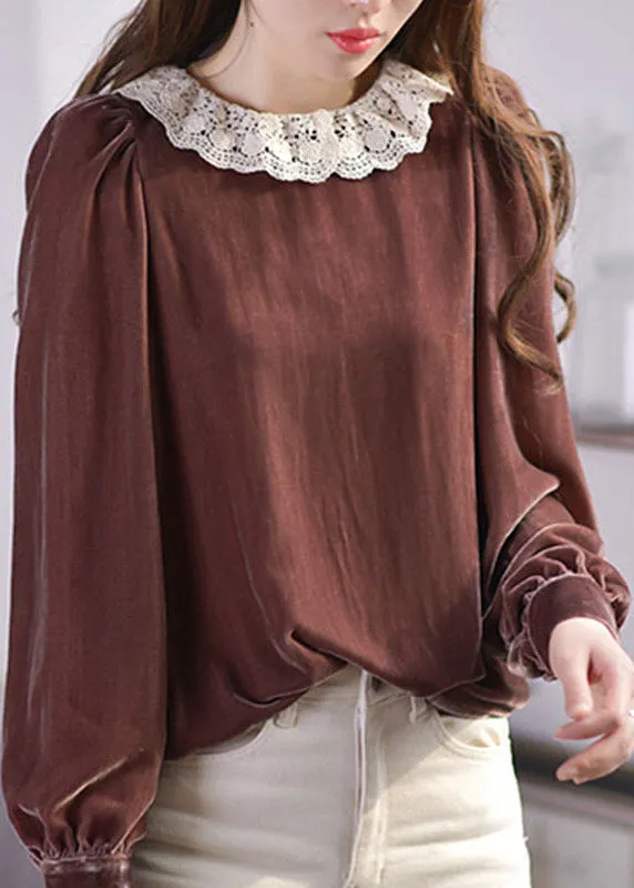 Elegant Brown O-Neck Lace Patchwork Silk Velour Blouses Spring LY2604