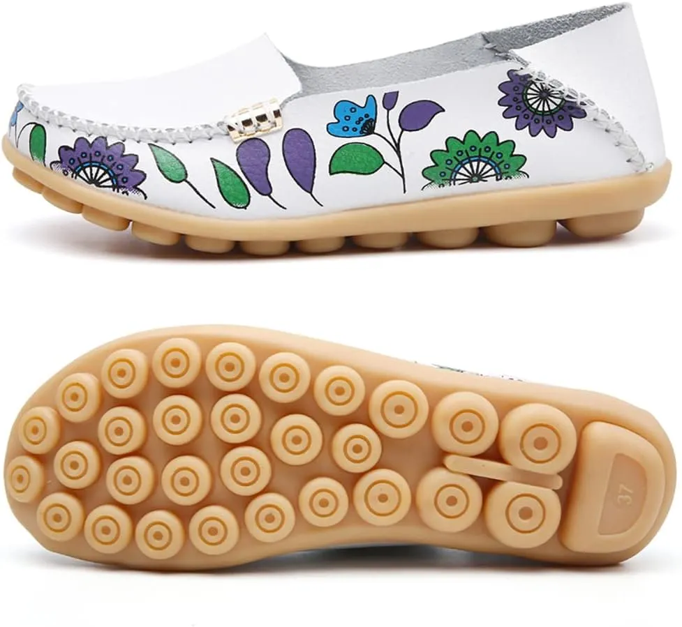 FolHaoth Women's Comfortable Leather Loafers Floral Print Slip On Moccasins Flats Casual Shoes for Women Round Toe Walking Nurse Breathable Driving Fashion Soft Shoes