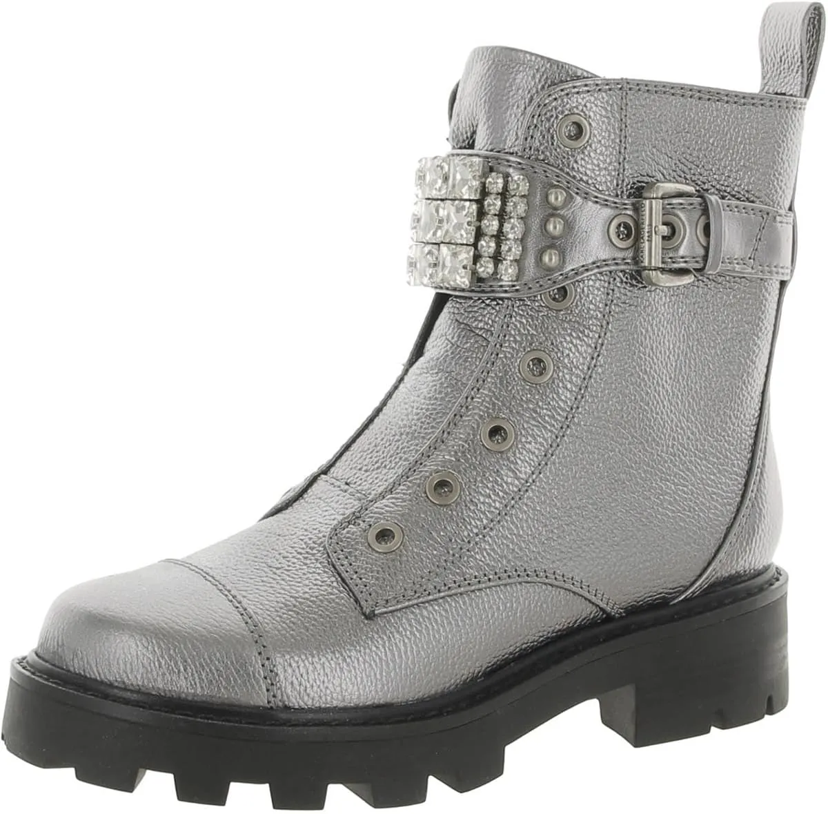 KARL LAGERFELD Women's Lug-Sole Maeva Combat Boot with Crystal Detail