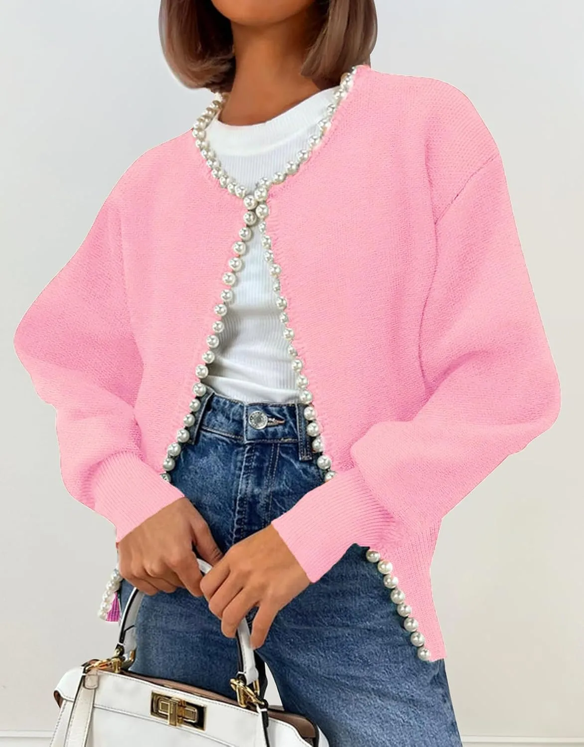 Kedera Womens Casual Pearl Cardigan 2025 Spring Elegant Embellished Long Sleeve Oversized Knit Sweater