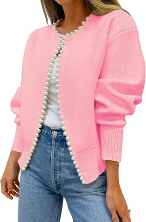 Kedera Womens Casual Pearl Cardigan 2025 Spring Elegant Embellished Long Sleeve Oversized Knit Sweater