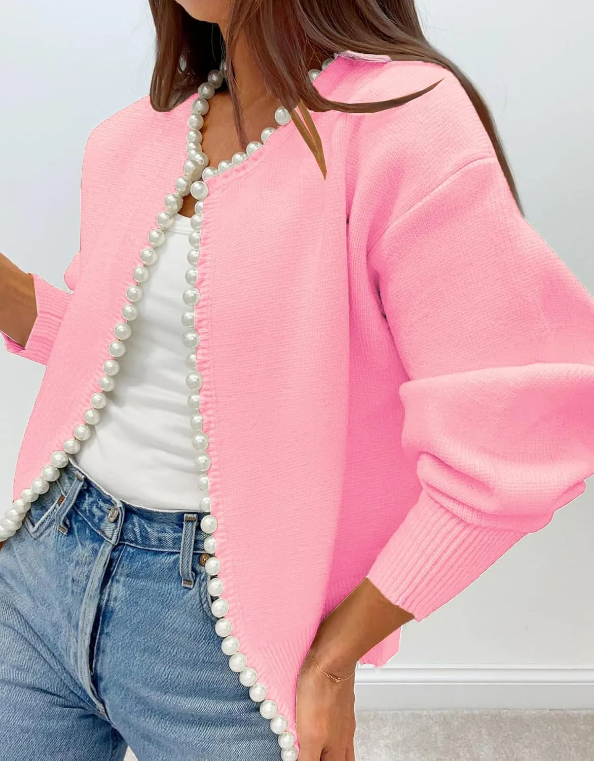 Kedera Womens Casual Pearl Cardigan 2025 Spring Elegant Embellished Long Sleeve Oversized Knit Sweater