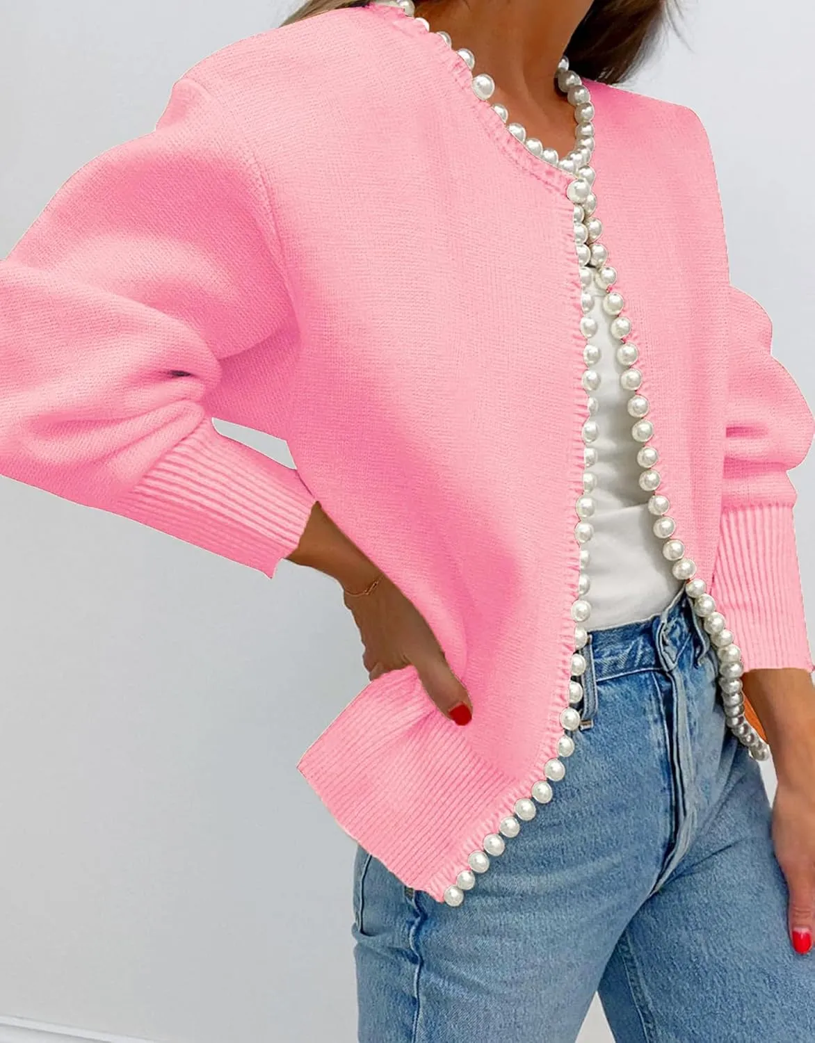 Kedera Womens Casual Pearl Cardigan 2025 Spring Elegant Embellished Long Sleeve Oversized Knit Sweater