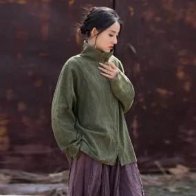 Linen Blouse for Women Elegant Linen Turtleneck Cardigan Blouse