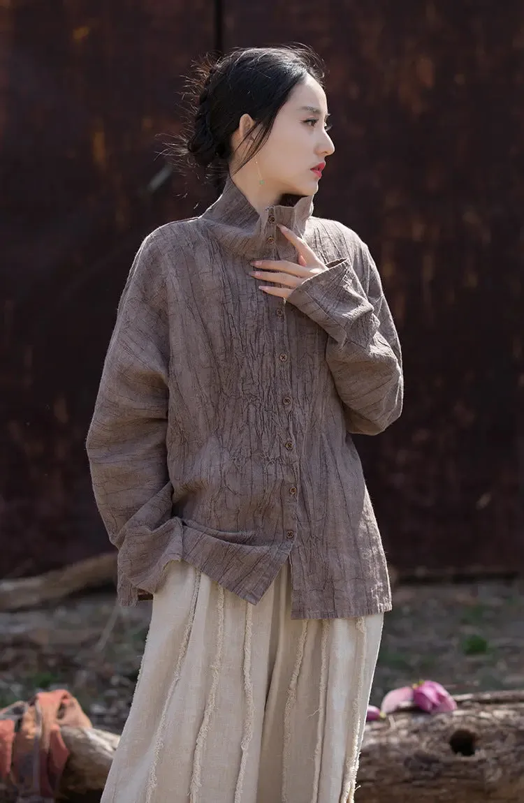 Linen Blouse for Women Elegant Linen Turtleneck Cardigan Blouse