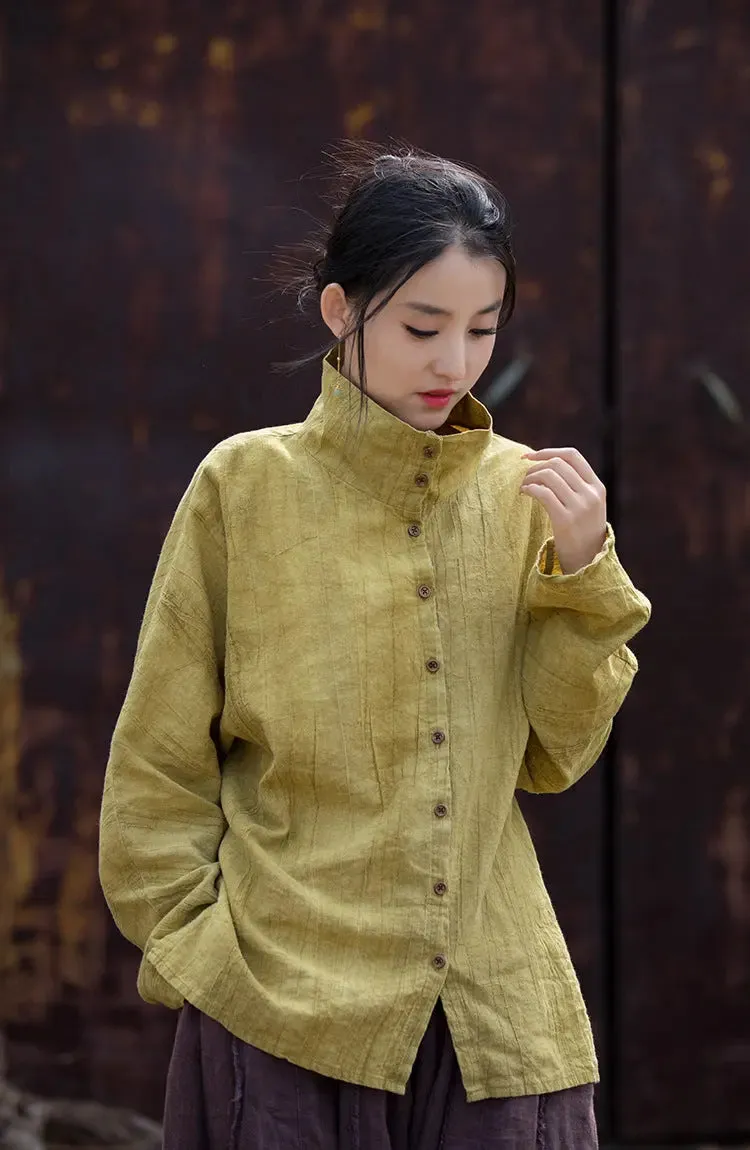 Linen Blouse for Women Elegant Linen Turtleneck Cardigan Blouse