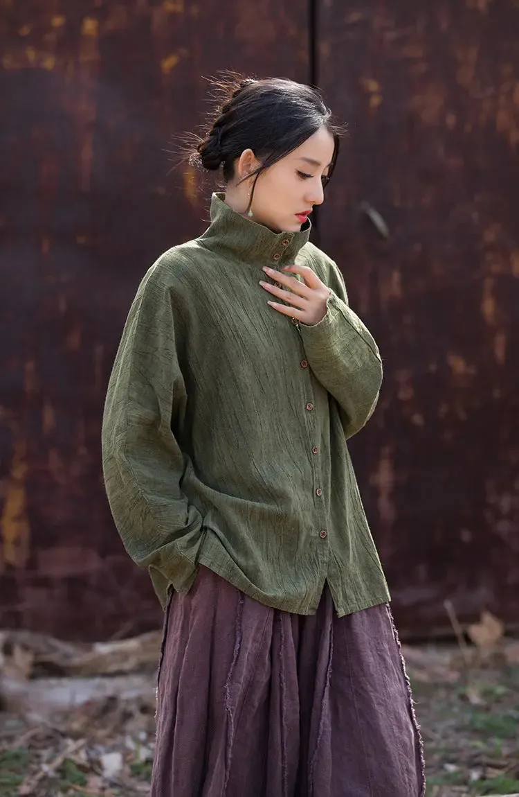 Linen Blouse for Women Elegant Linen Turtleneck Cardigan Blouse