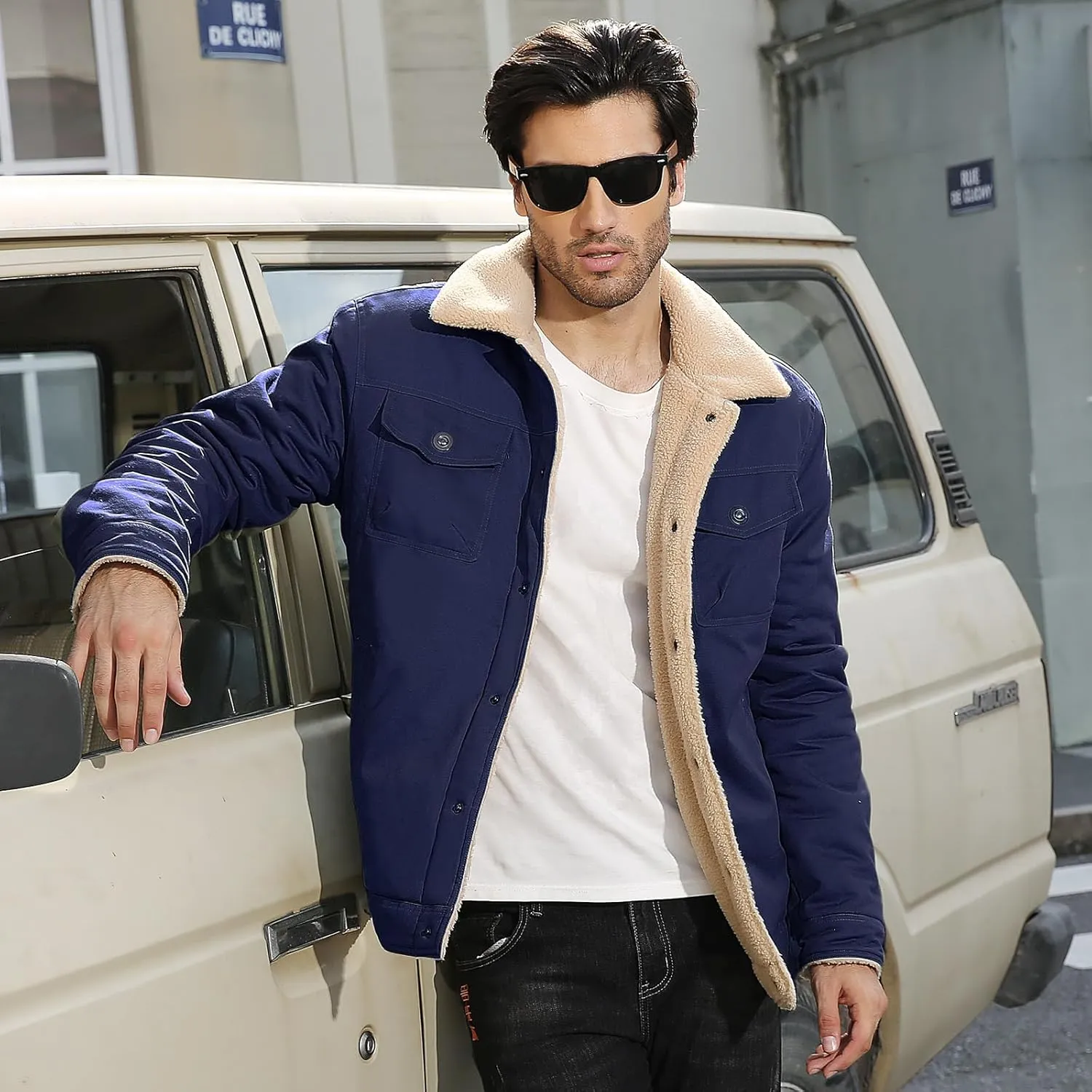 Mens Winter Jacket Thick Thermal Cotton Warm Fleece Lined Sherpa Jacket Trucker Lapel Work Cargo Jackets Coat Outerwear