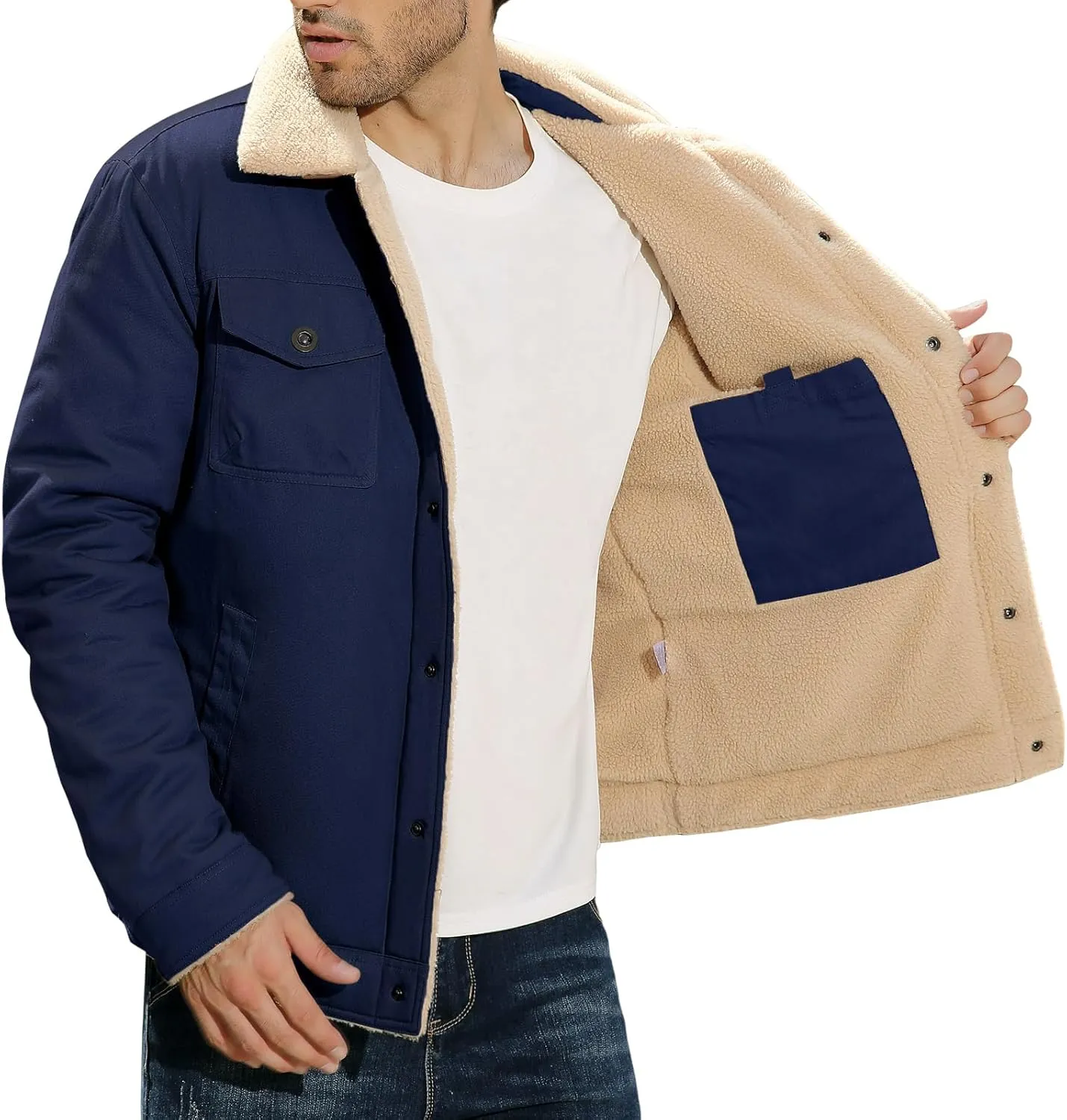Mens Winter Jacket Thick Thermal Cotton Warm Fleece Lined Sherpa Jacket Trucker Lapel Work Cargo Jackets Coat Outerwear