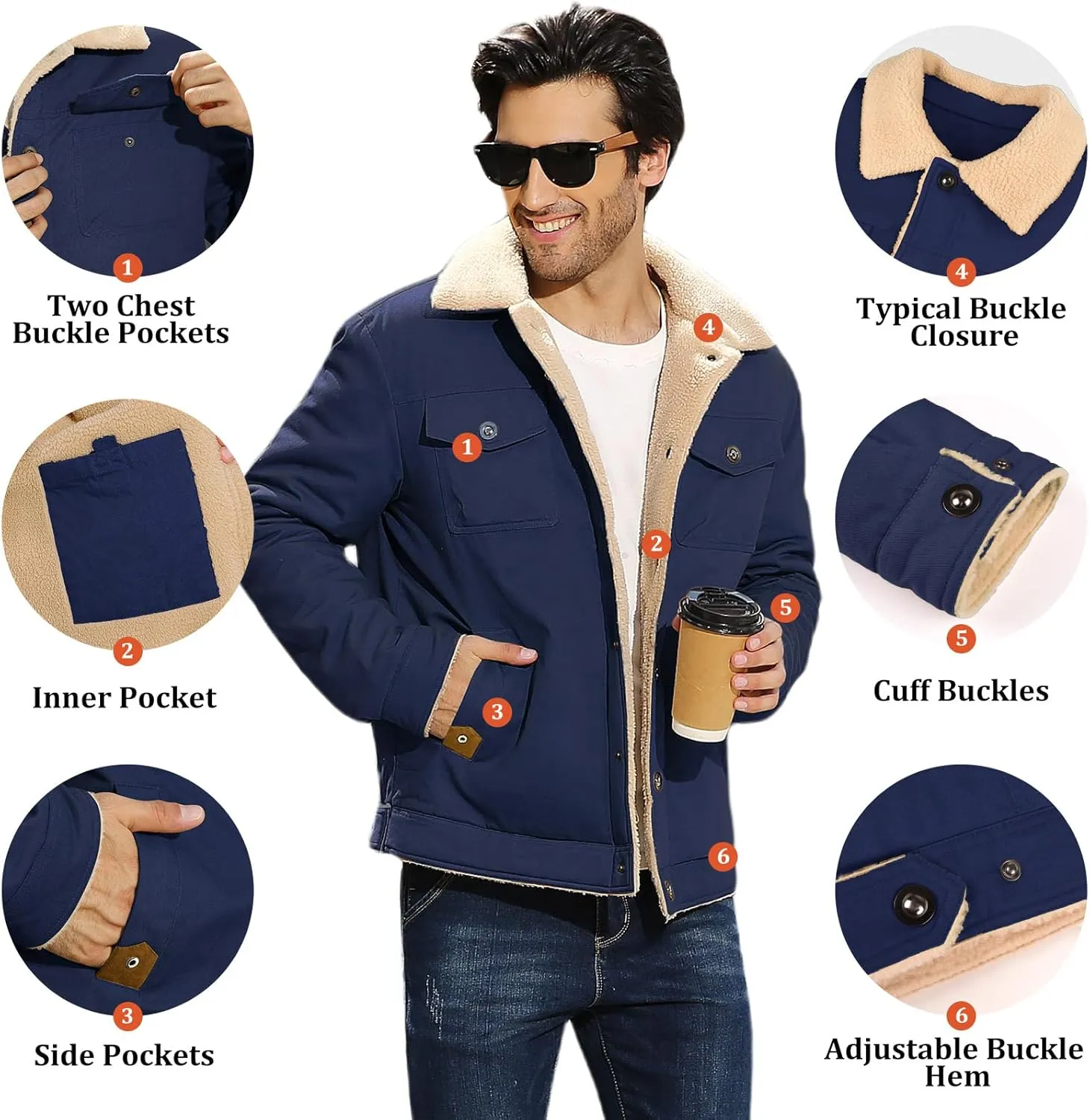 Mens Winter Jacket Thick Thermal Cotton Warm Fleece Lined Sherpa Jacket Trucker Lapel Work Cargo Jackets Coat Outerwear