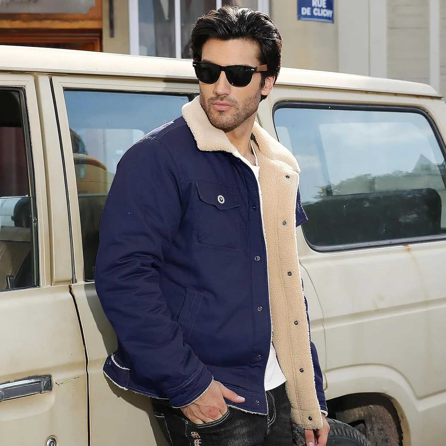 Mens Winter Jacket Thick Thermal Cotton Warm Fleece Lined Sherpa Jacket Trucker Lapel Work Cargo Jackets Coat Outerwear