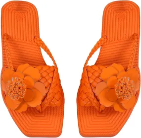 OYOANGLE Women's Boho Floral Decor Square Open Toe Braided Thong Sandals Square Open Toe Slide Sandals