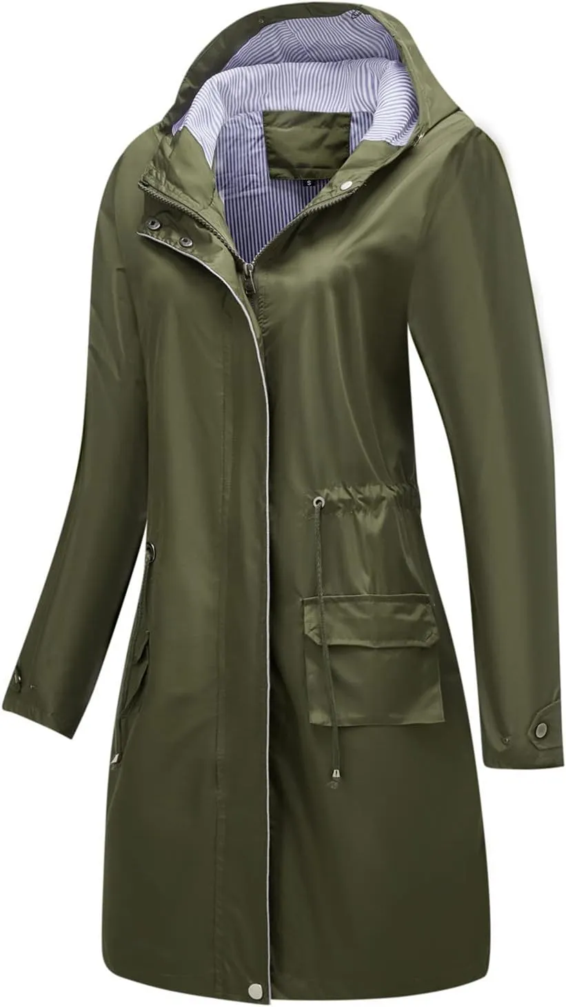 Waterproof Rain Jackets for Women Lightweight Packable Raincoat Casual Solid Rain Coat Mid Length Windbreaker