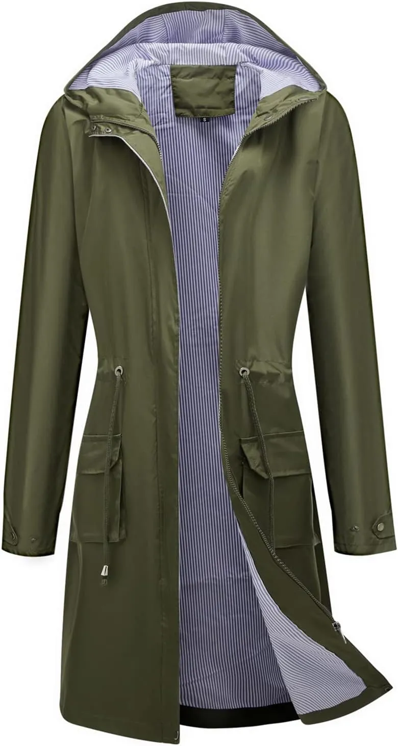 Waterproof Rain Jackets for Women Lightweight Packable Raincoat Casual Solid Rain Coat Mid Length Windbreaker